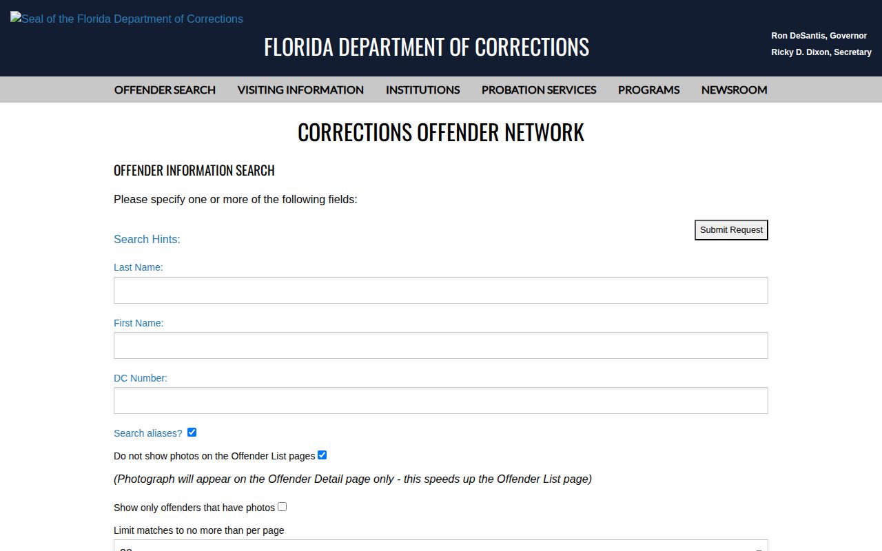 Florida corrections search menu for Seminole County released inmates
