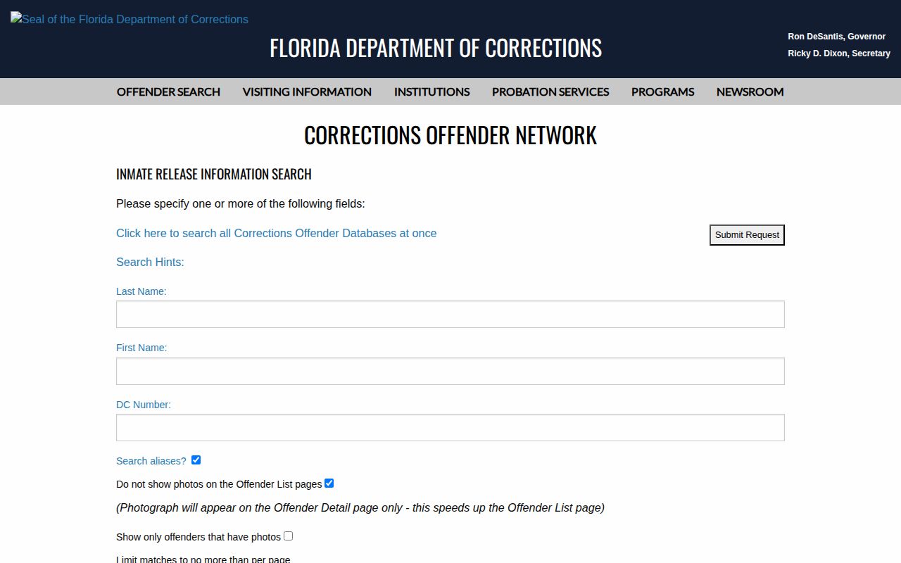 Florida corrections photo search for Seminole County released inmates